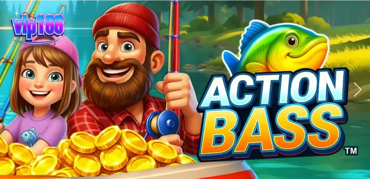 Tampilan visual slot Action Bass dengan latar belakang danau yang tenang dan simbol bertema memancing.
